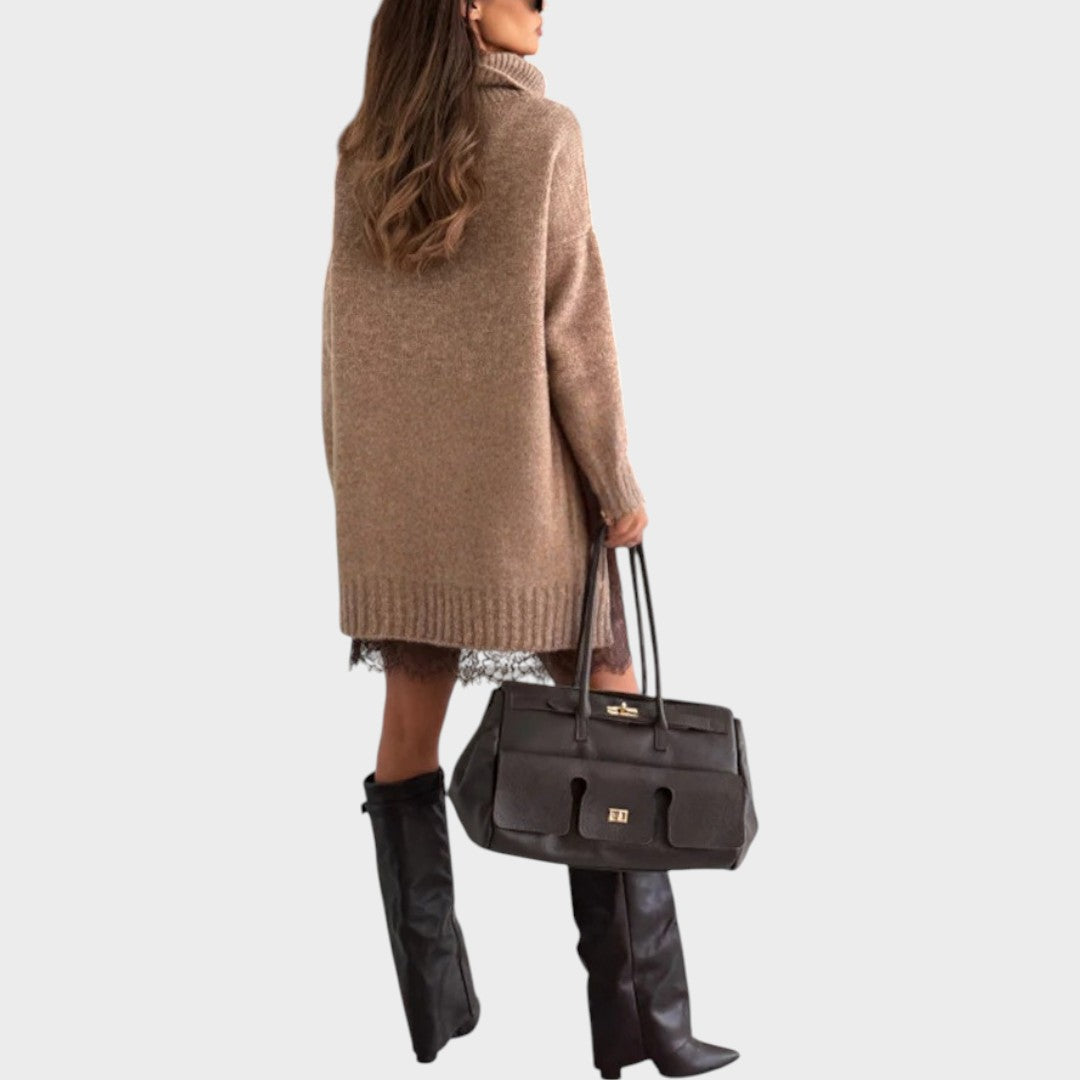 A warm roll-neck jumper and floaty openwork-hemmed dress two-piece set in brown tones