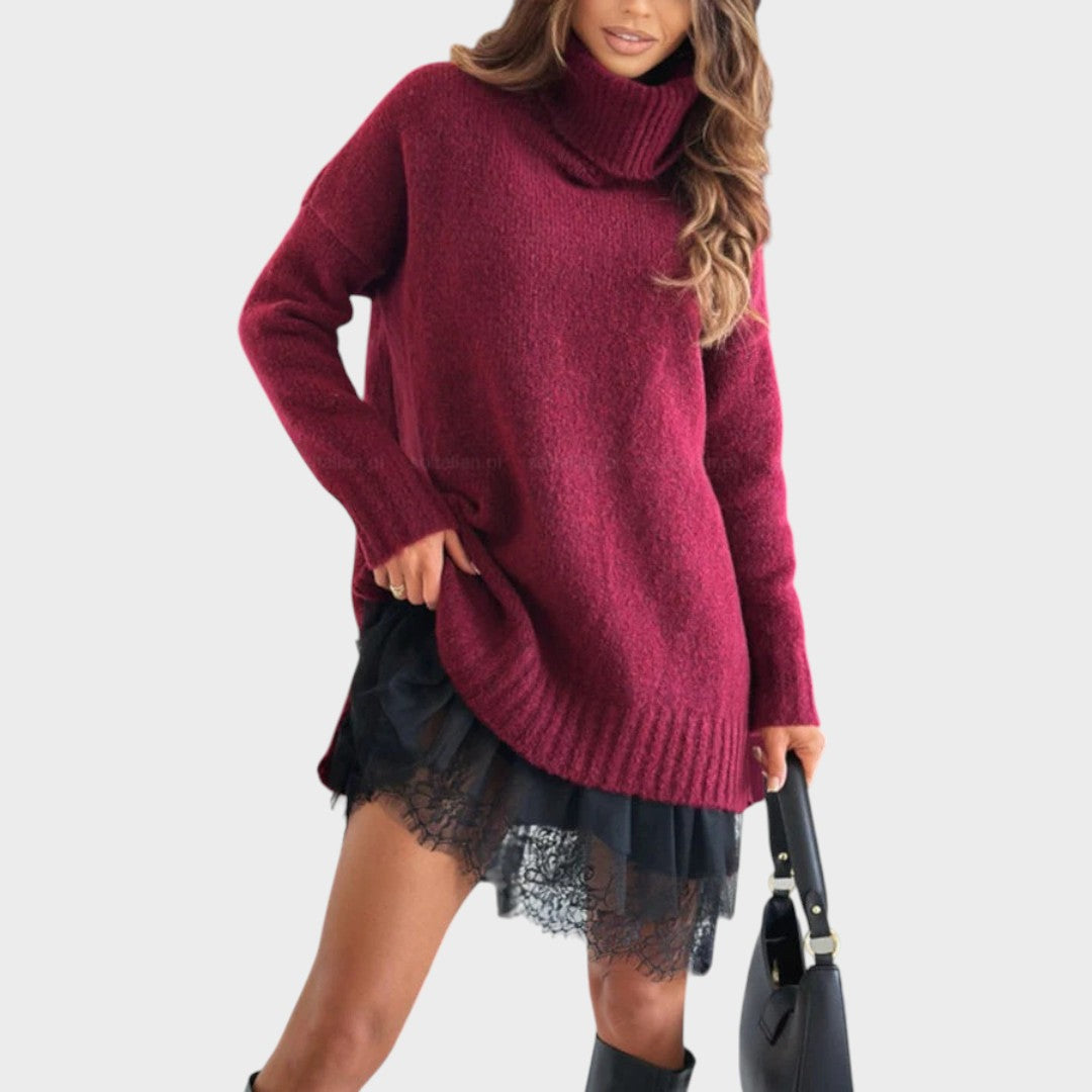 A warm roll-neck jumper and floaty openwork-hemmed dress two-piece set in brown tones