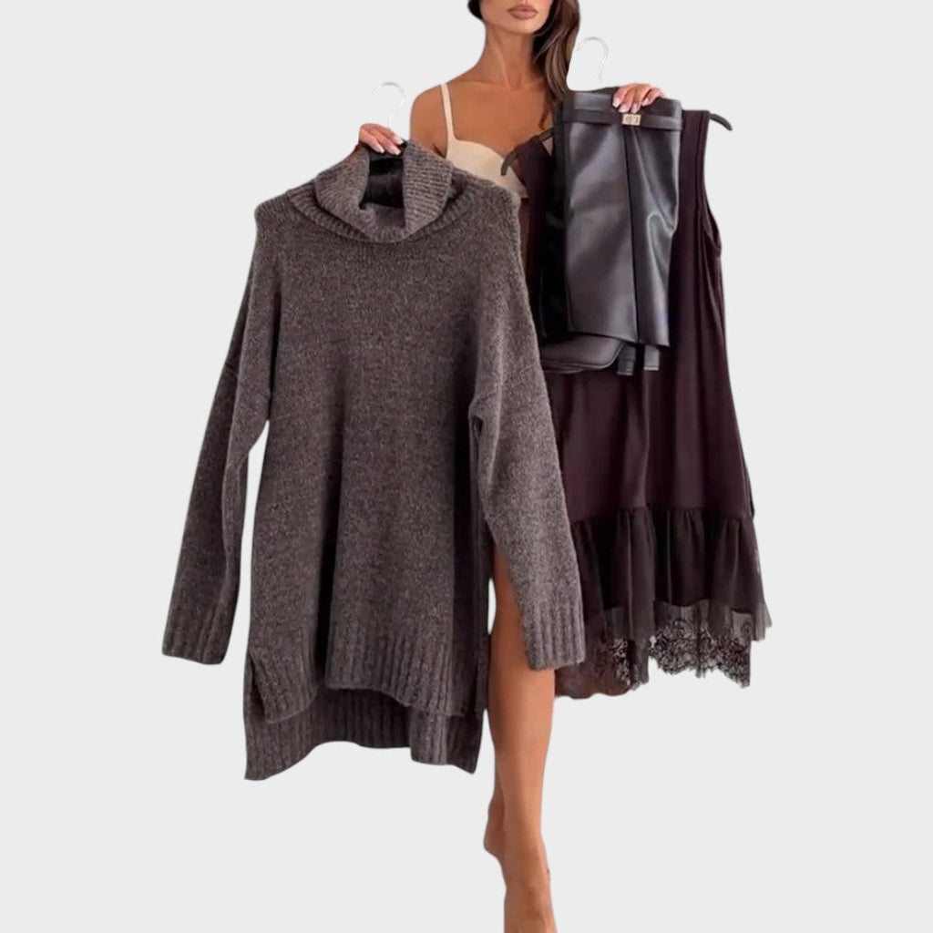 A warm roll-neck jumper and floaty openwork-hemmed dress two-piece set in brown tones