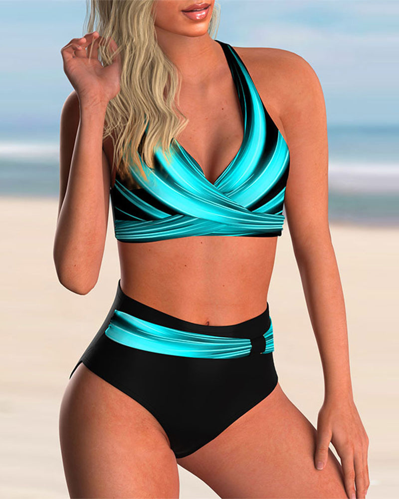 Turquoise bikini with crossover neckline top and high-waist bottom