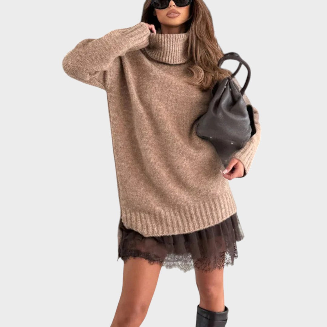 A warm roll-neck jumper and floaty openwork-hemmed dress two-piece set in brown tones