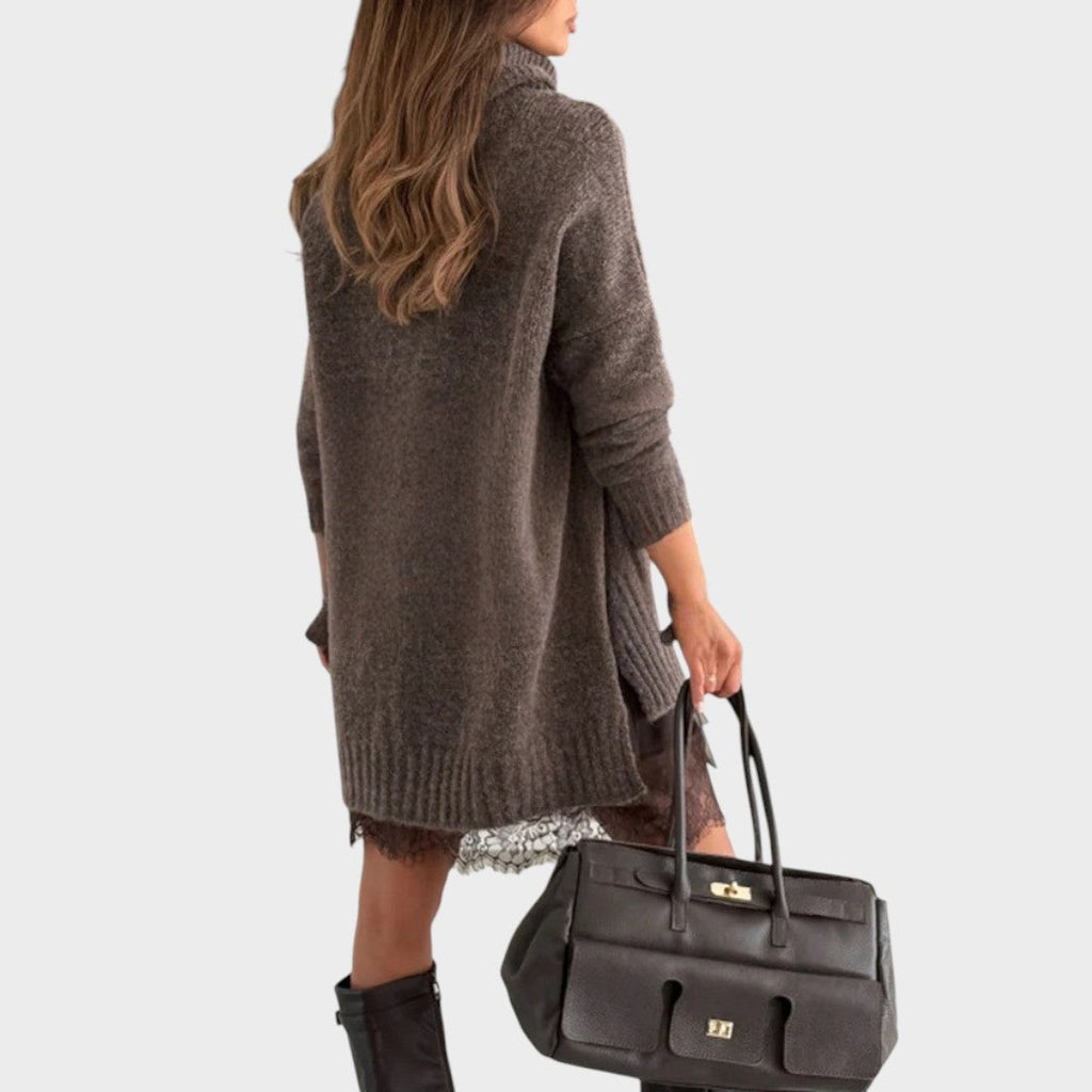A warm roll-neck jumper and floaty openwork-hemmed dress two-piece set in brown tones