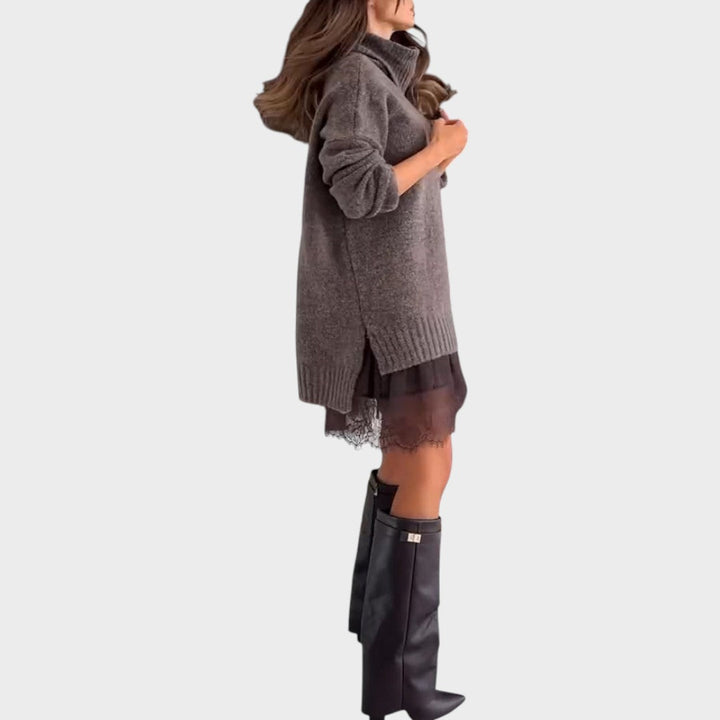 A warm roll-neck jumper and floaty openwork-hemmed dress two-piece set in brown tones