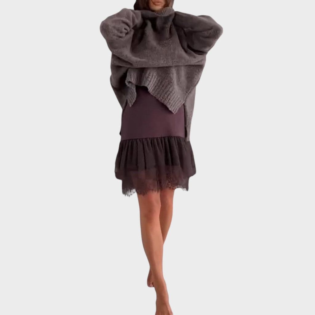 A warm roll-neck jumper and floaty openwork-hemmed dress two-piece set in brown tones