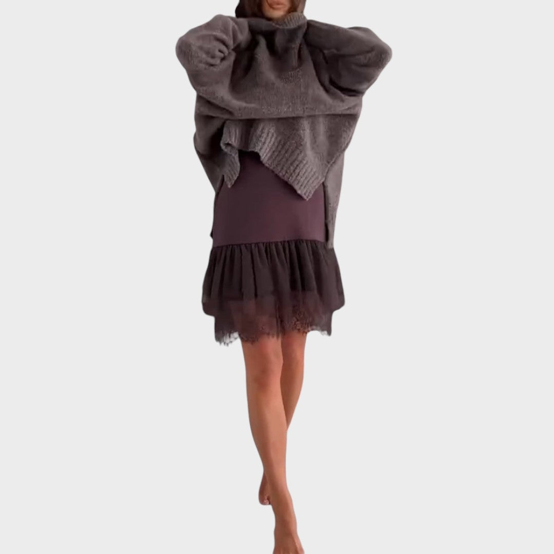 A warm roll-neck jumper and floaty openwork-hemmed dress two-piece set in brown tones