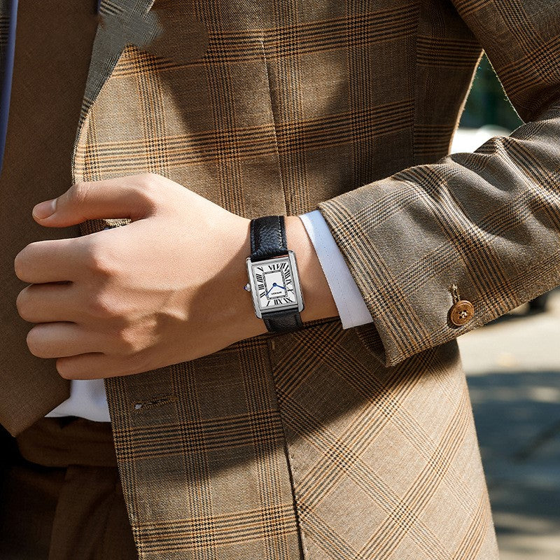 Men's silver square-dial quartz watch with classic strap and clean face