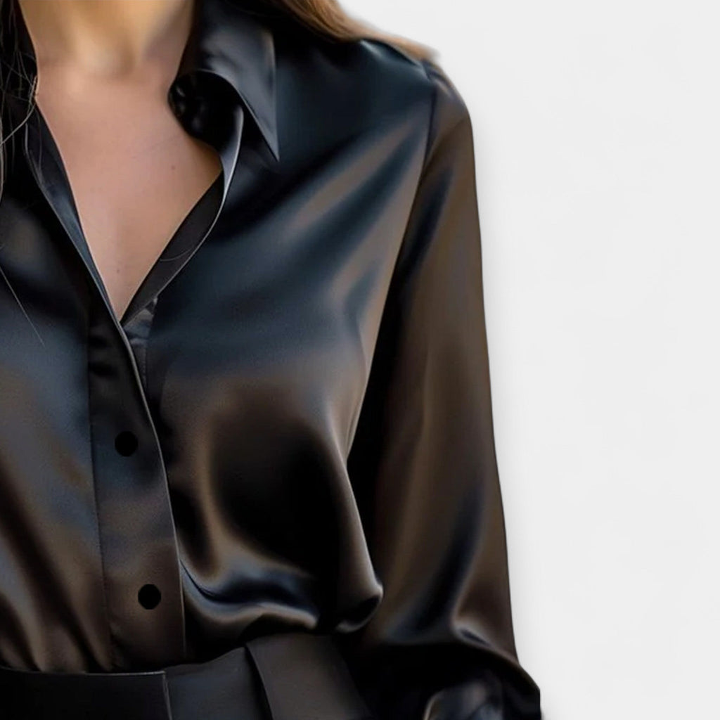 Women's smooth-finish collar blouse in deep burgundy with a smooth lustrous finish and elegant neckline