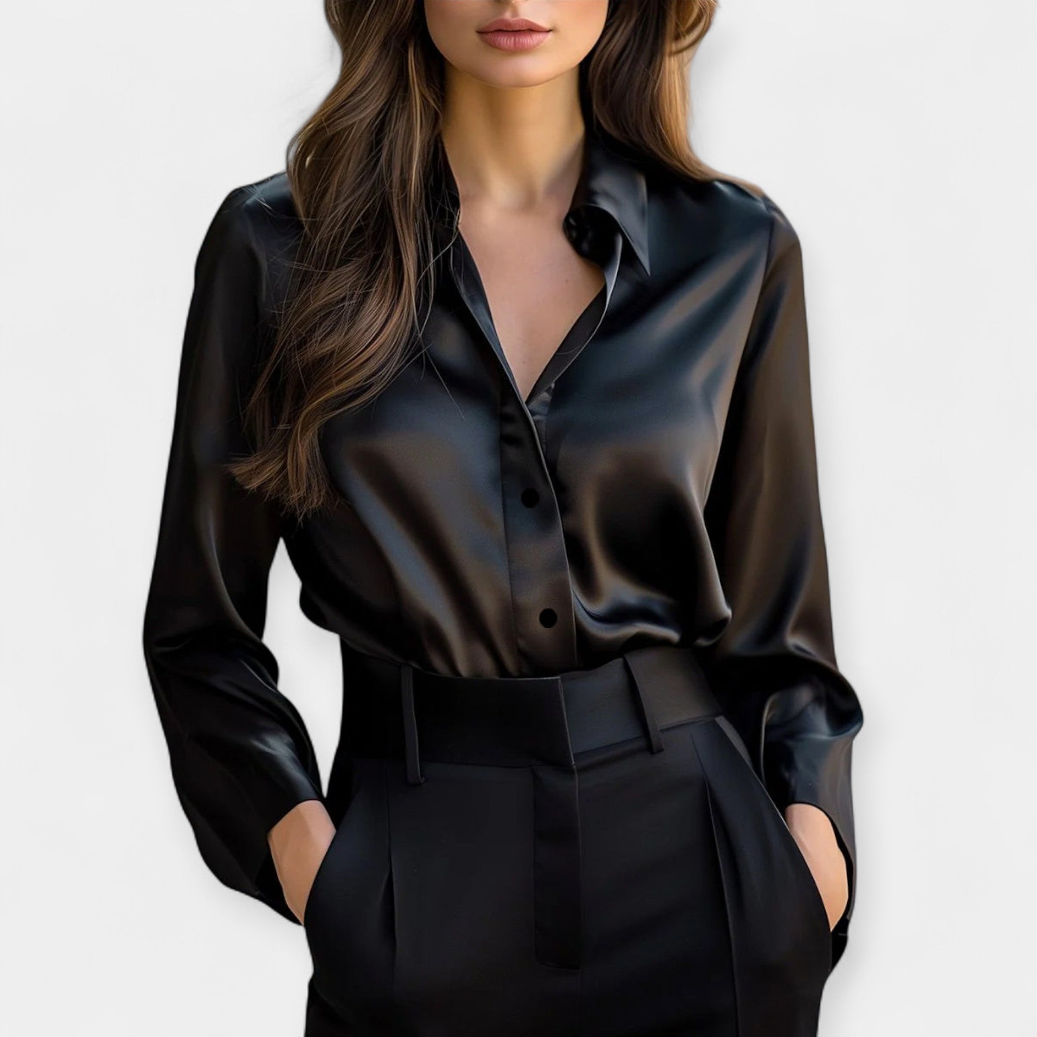 Women's smooth-finish collar blouse in deep burgundy with a smooth lustrous finish and elegant neckline