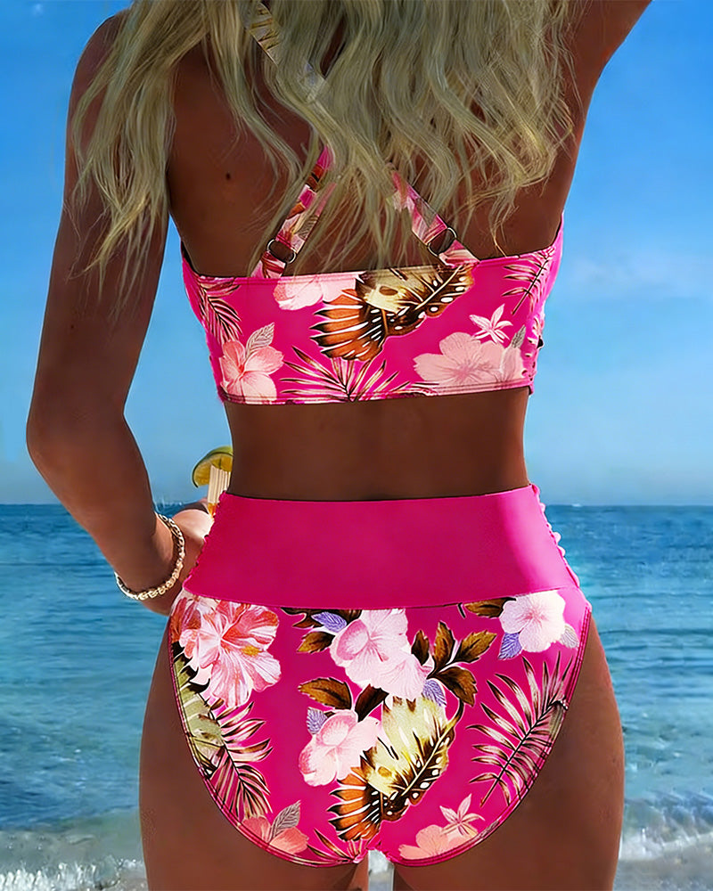 Floral bikini in pink with a cutout panel detail on the top