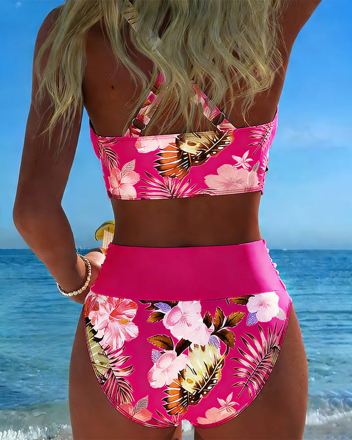 Floral bikini in pink with a cutout panel detail on the top