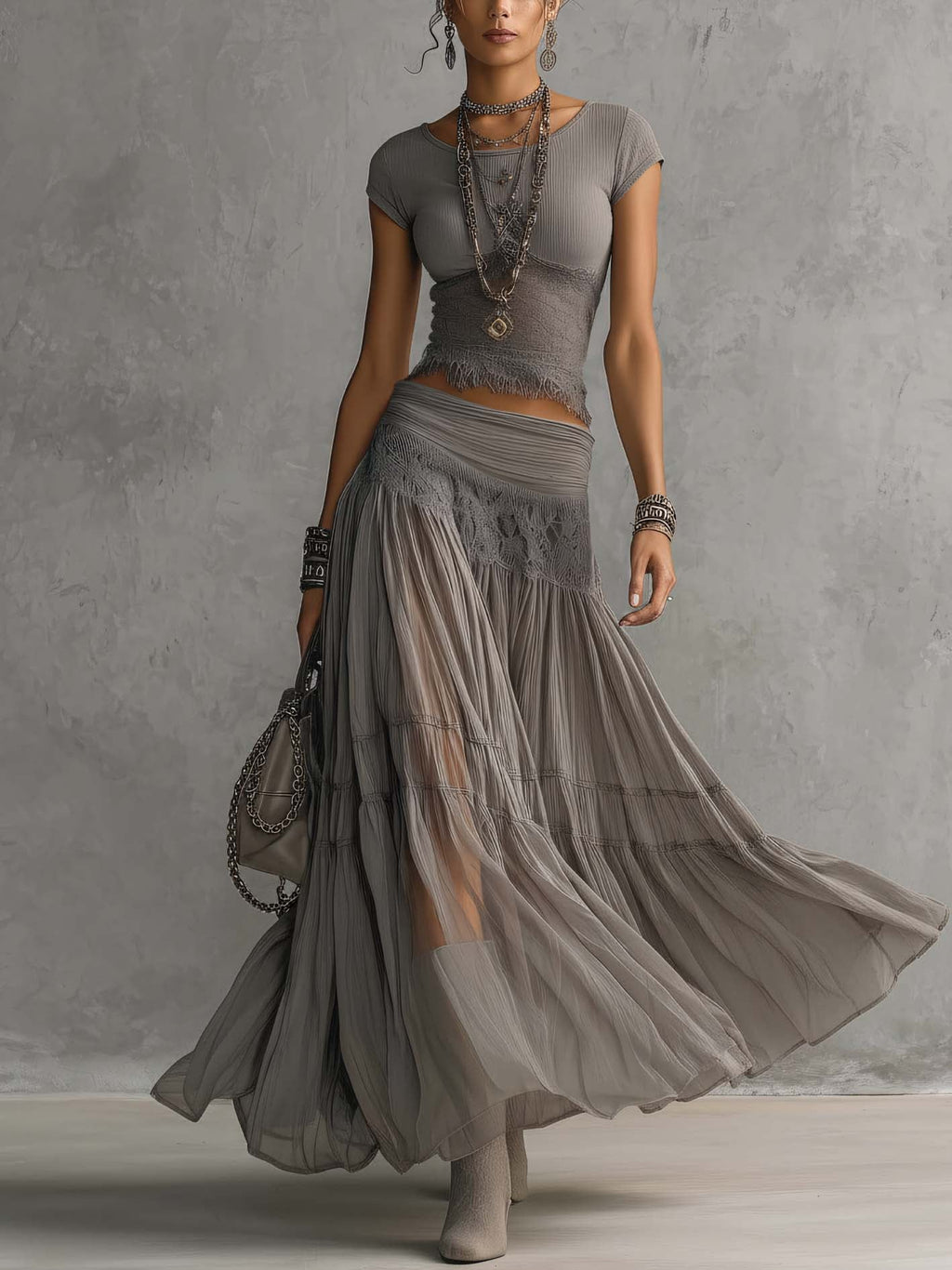ALBA™ | Lace Panel Top and Pleated Maxi Skirt Set in Grey