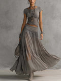 ALBA™ | Lace Panel Top and Pleated Maxi Skirt Set in Grey