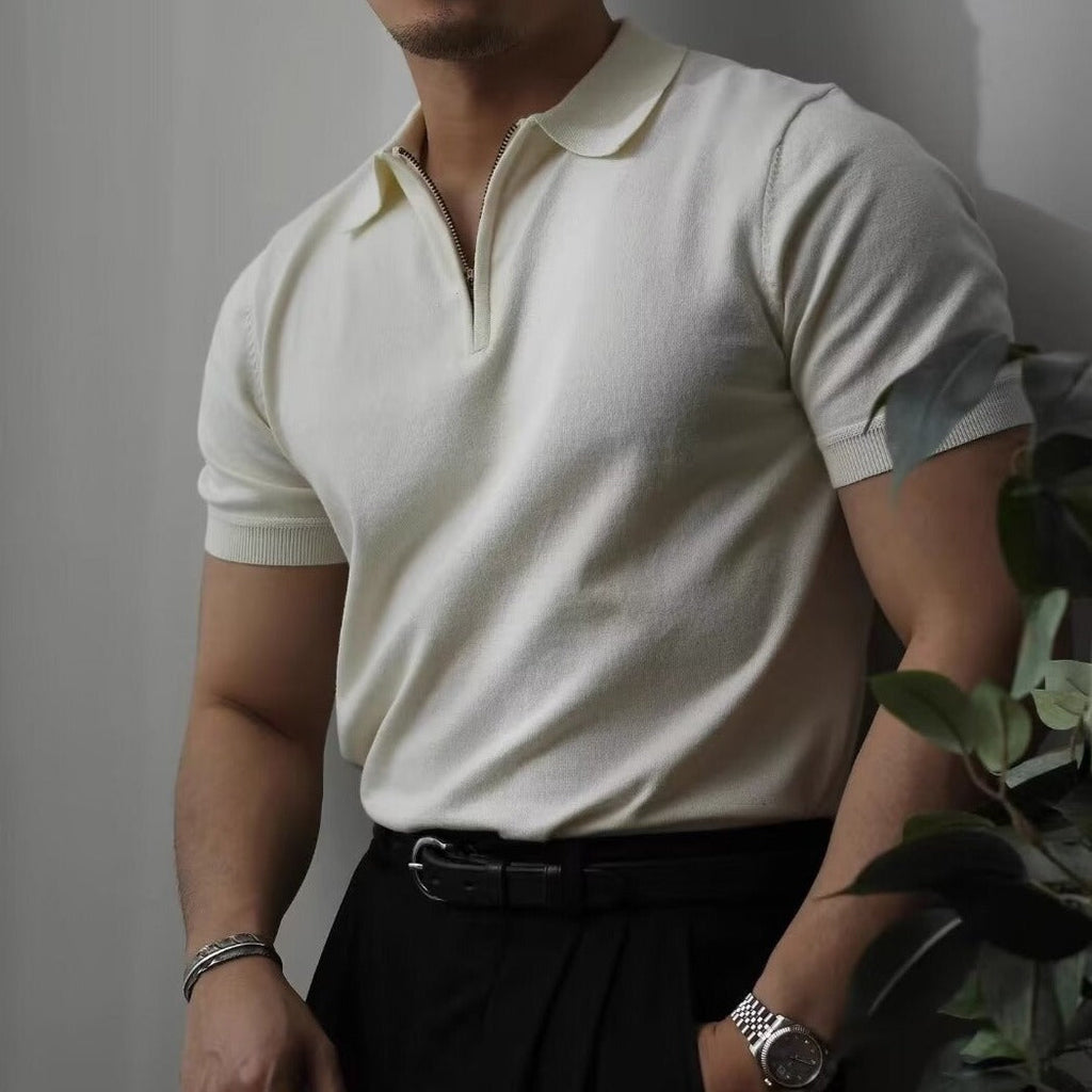 Men's polo shirt with a fine button placket in white with a clean, refined finish