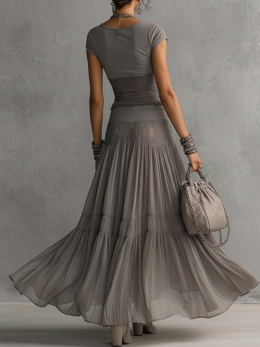 ALBA™ | Lace Panel Top and Pleated Maxi Skirt Set in Grey