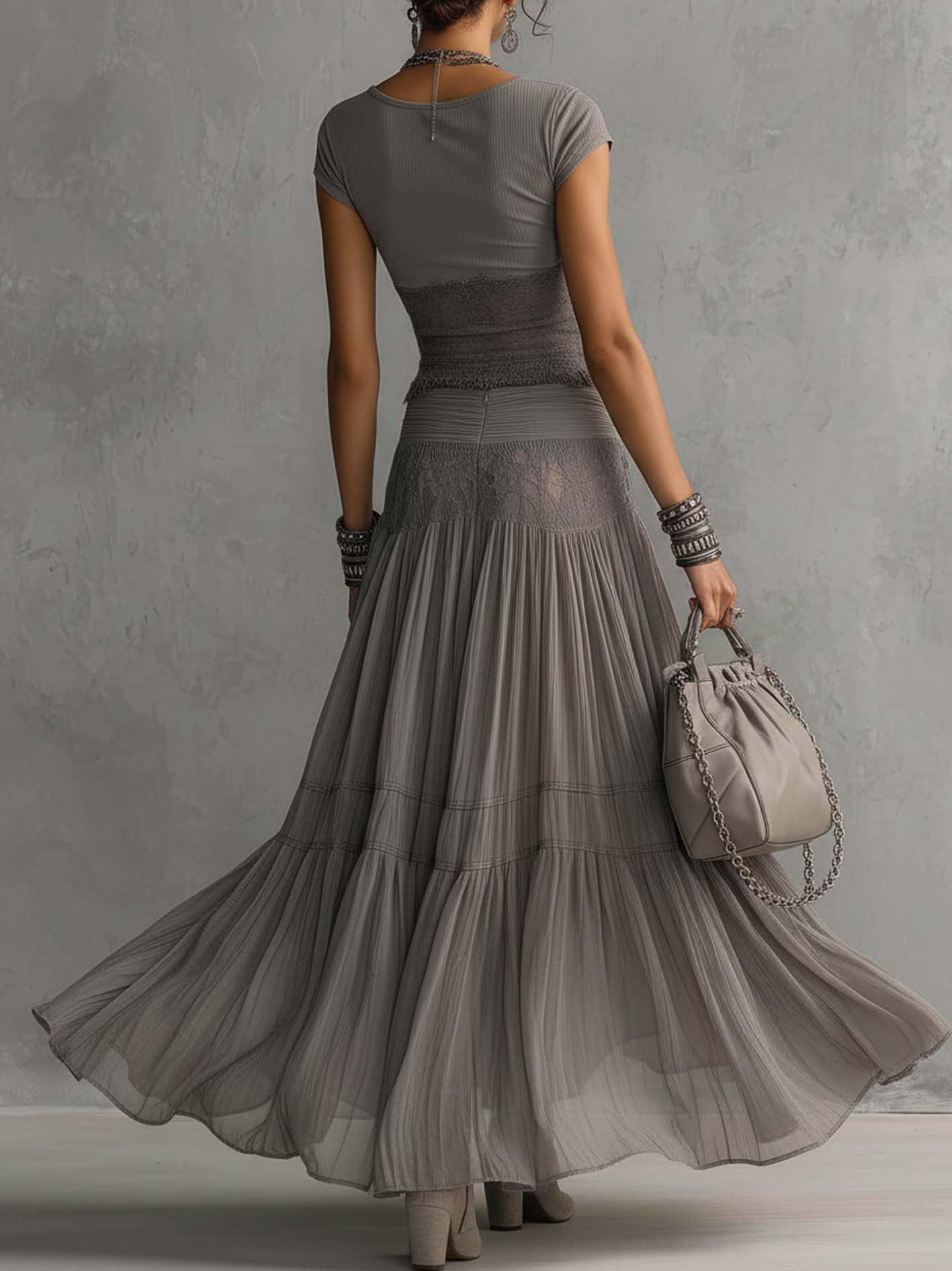 ALBA™ | Lace Panel Top and Pleated Maxi Skirt Set in Grey