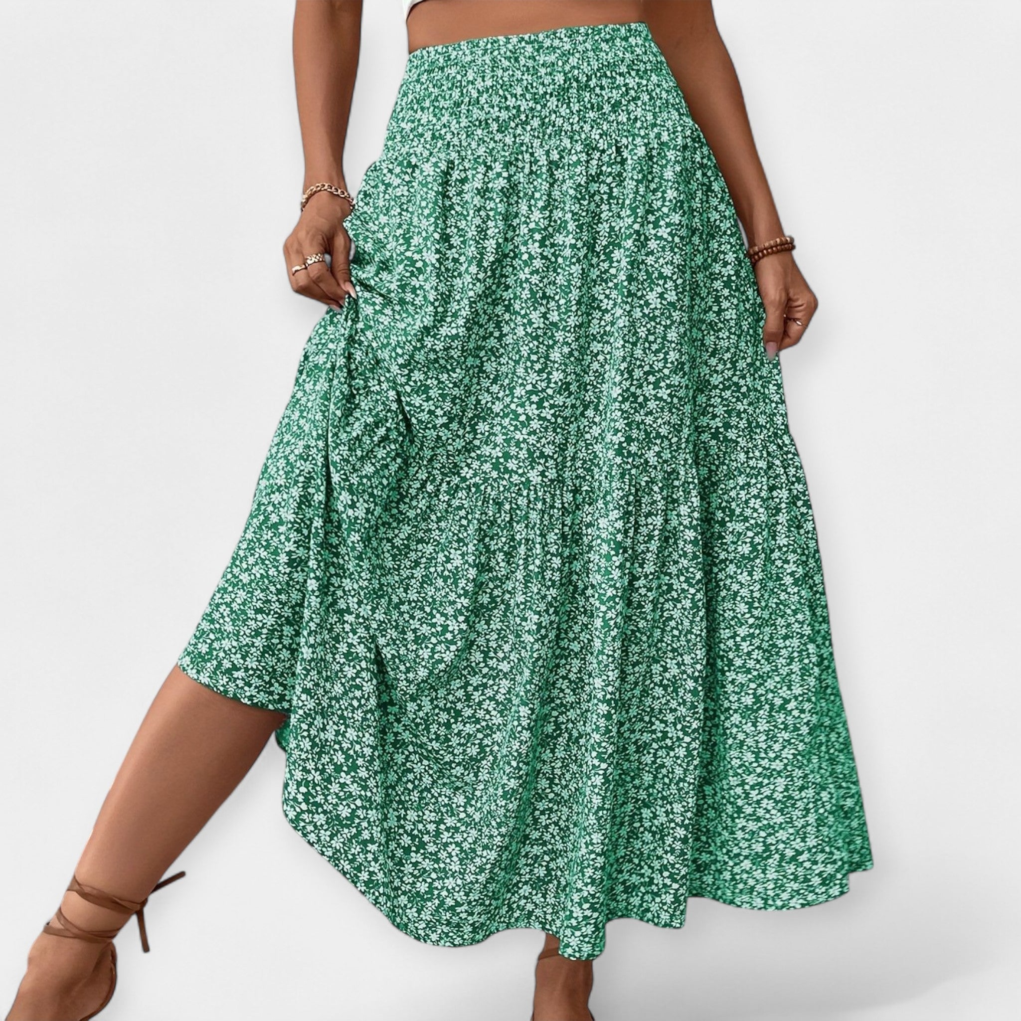 Floral midi skirt in violet print with elasticated waist and discreet side pockets