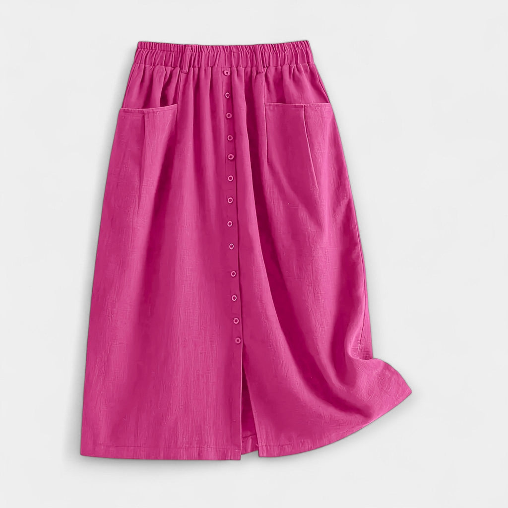 High-waist vintage-style midi skirt in dusty rose with functional front pockets