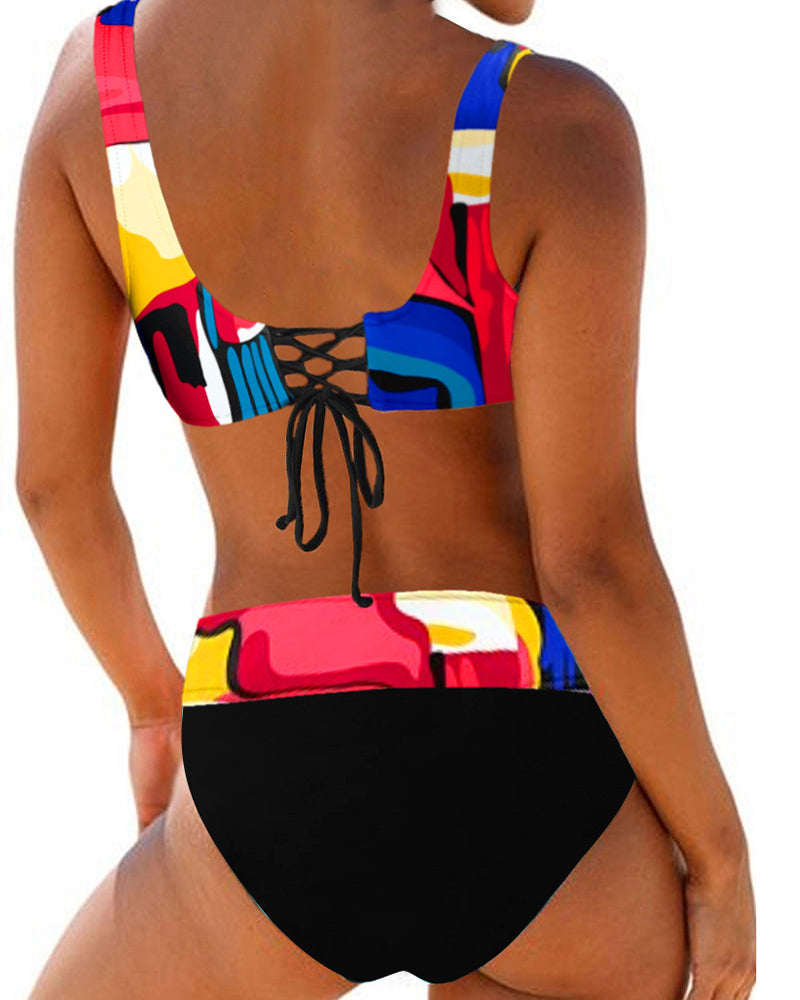Fuchsia and multicolour crossover bikini with a V-neckline top and colourful bottoms