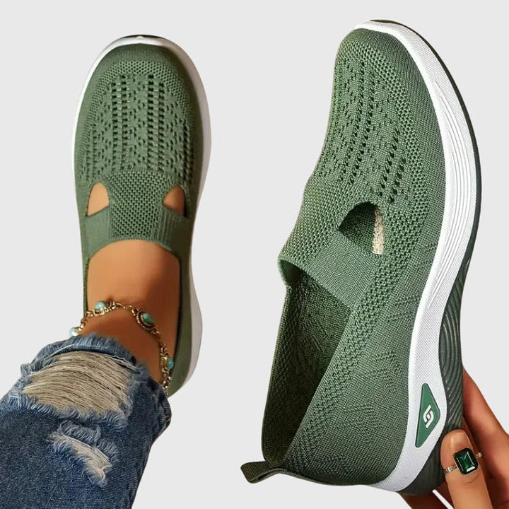 A woman out for a long walk in supportive orthopaedic walking shoes.