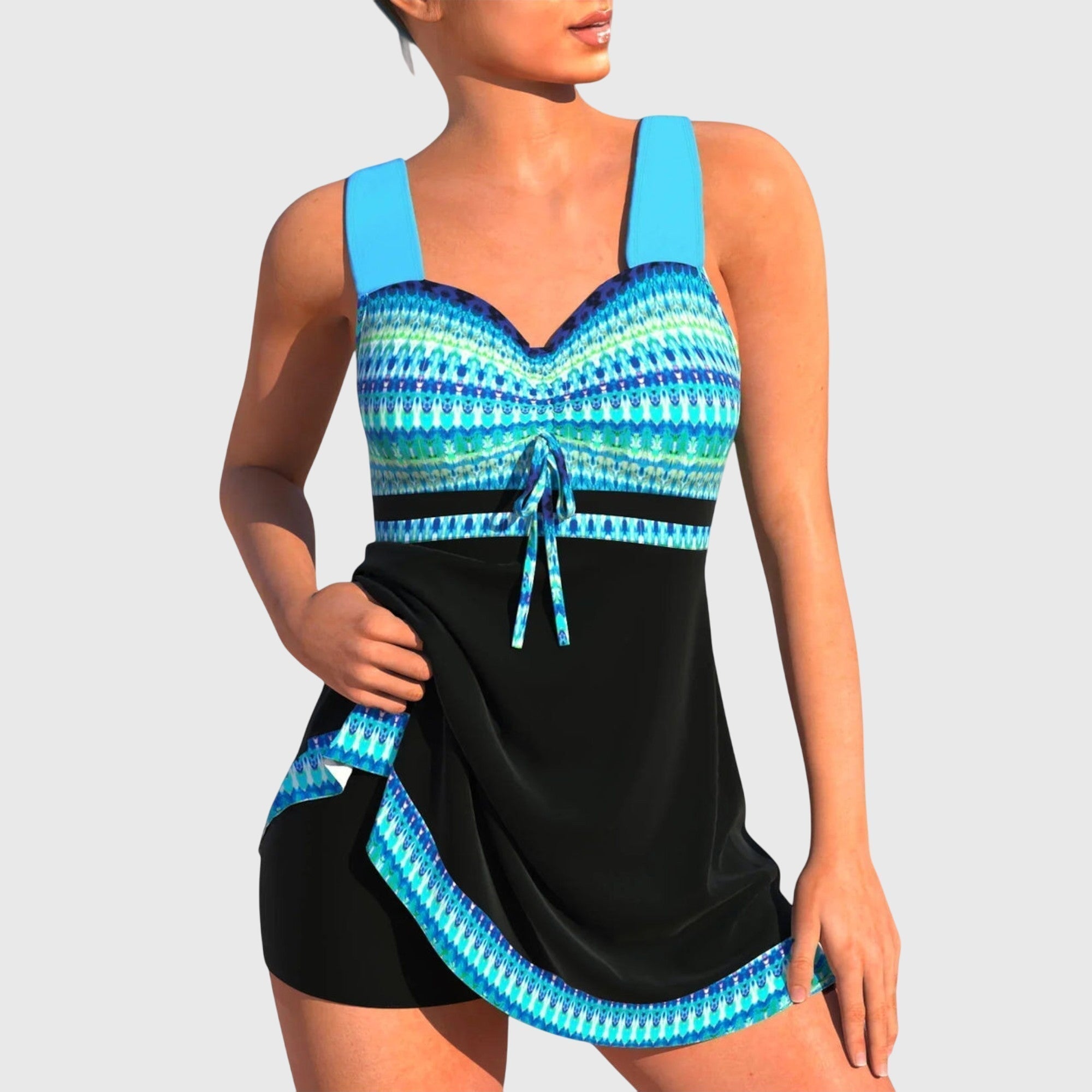 Two-tone drawstring tankini in blue with an adjustable waist