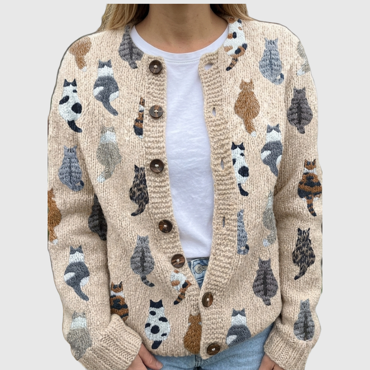 Niamh cardigan with playful cats in soft greys and browns – Mary Cork