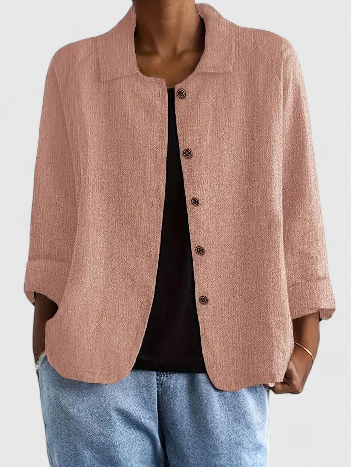Women's lightweight button jacket in soft dusty blue with a relaxed, open silhouette