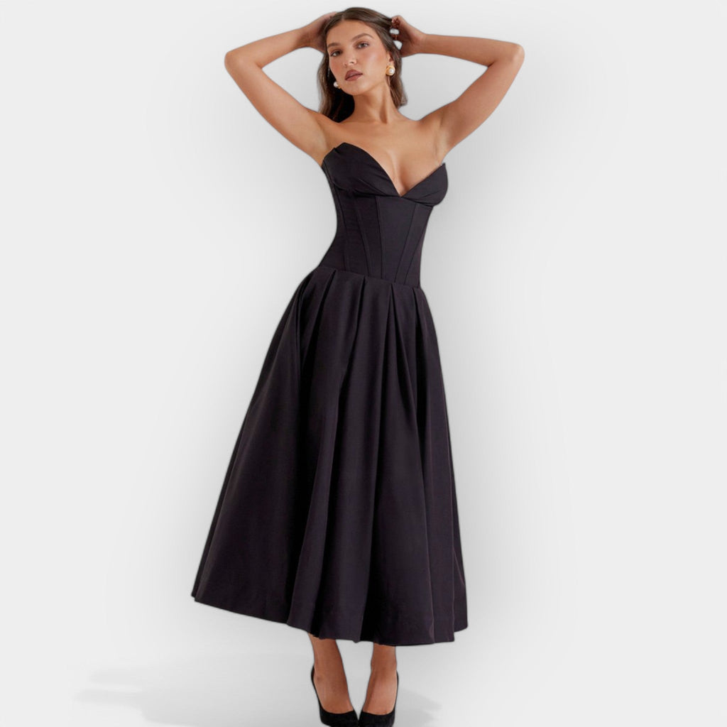 Long floaty printed maxi dress with high waist in black and rich jewel tones