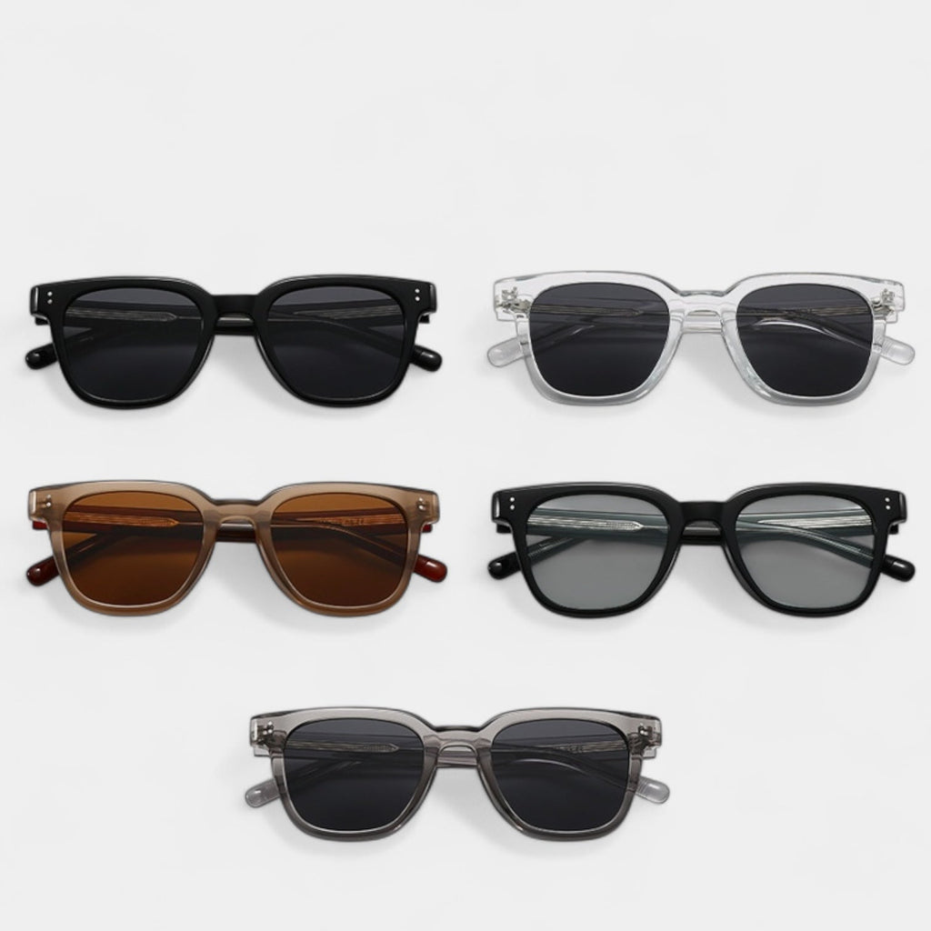 Square frame polarised sunglasses in brown with clean lines and subtle metal detailing