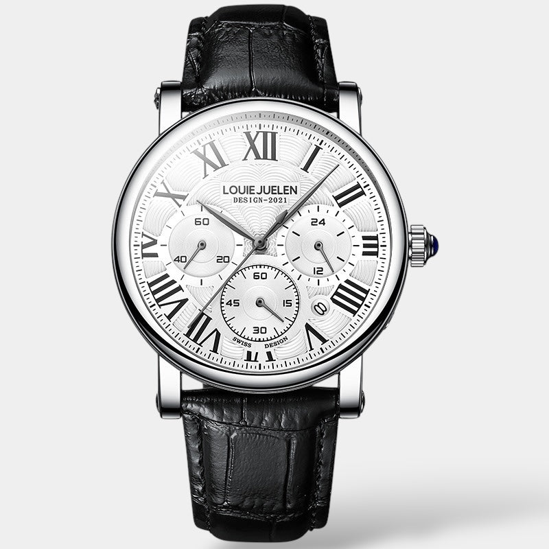 Men's classic chronograph watch in silver and black with Roman numeral dial and three subdials