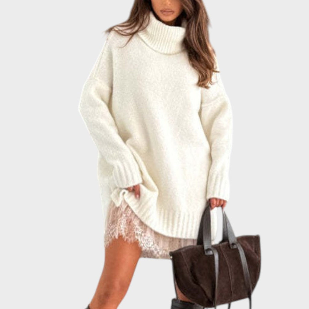A warm roll-neck jumper and floaty openwork-hemmed dress two-piece set in brown tones