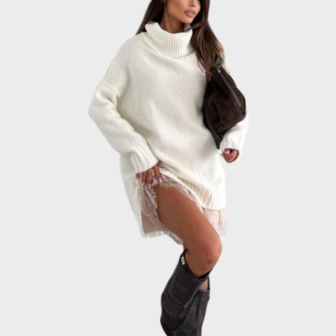 A warm roll-neck jumper and floaty openwork-hemmed dress two-piece set in brown tones