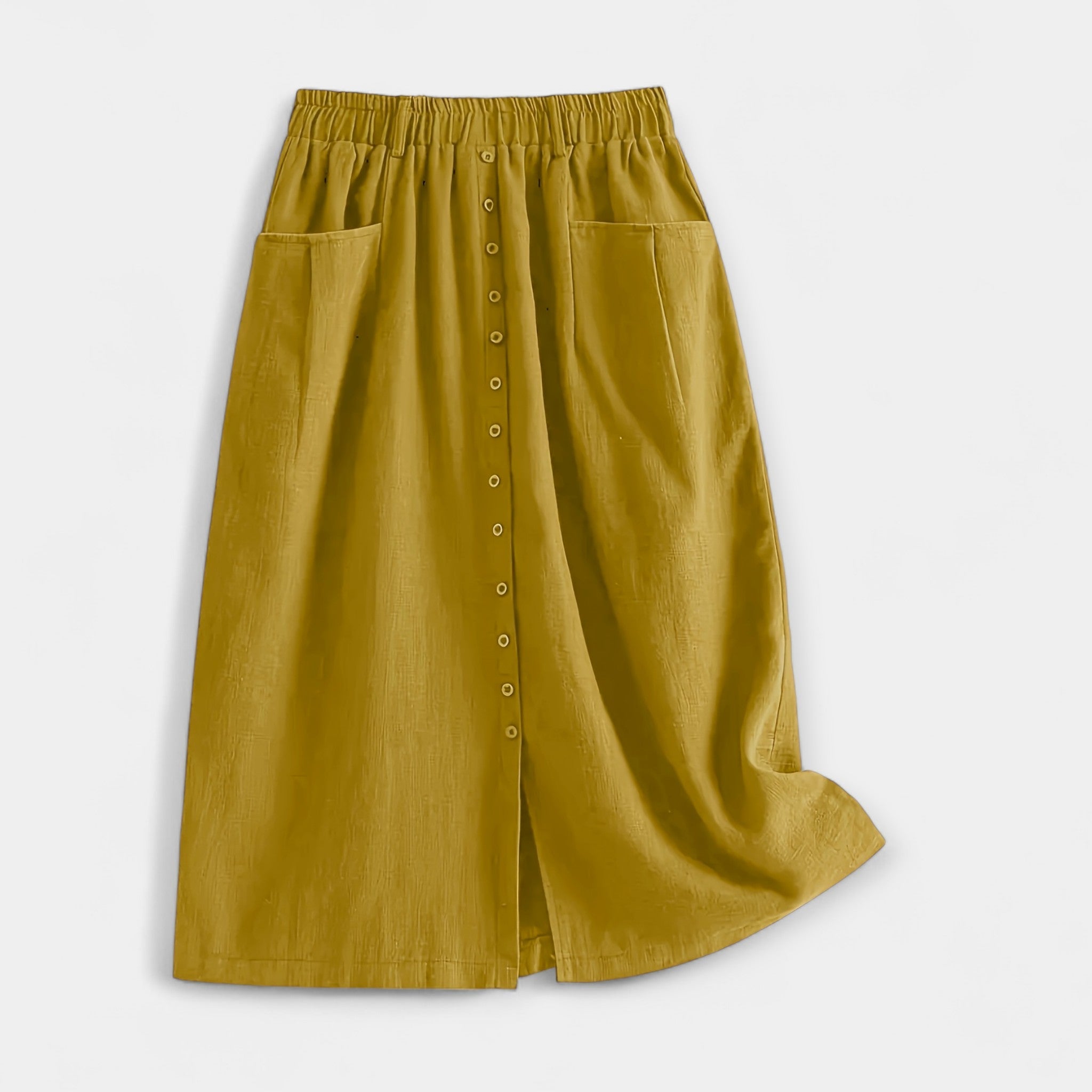 High-waist vintage-style midi skirt in dusty rose with functional front pockets
