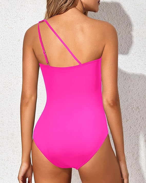 Black one-shoulder one-piece swimsuit with a clean asymmetric neckline