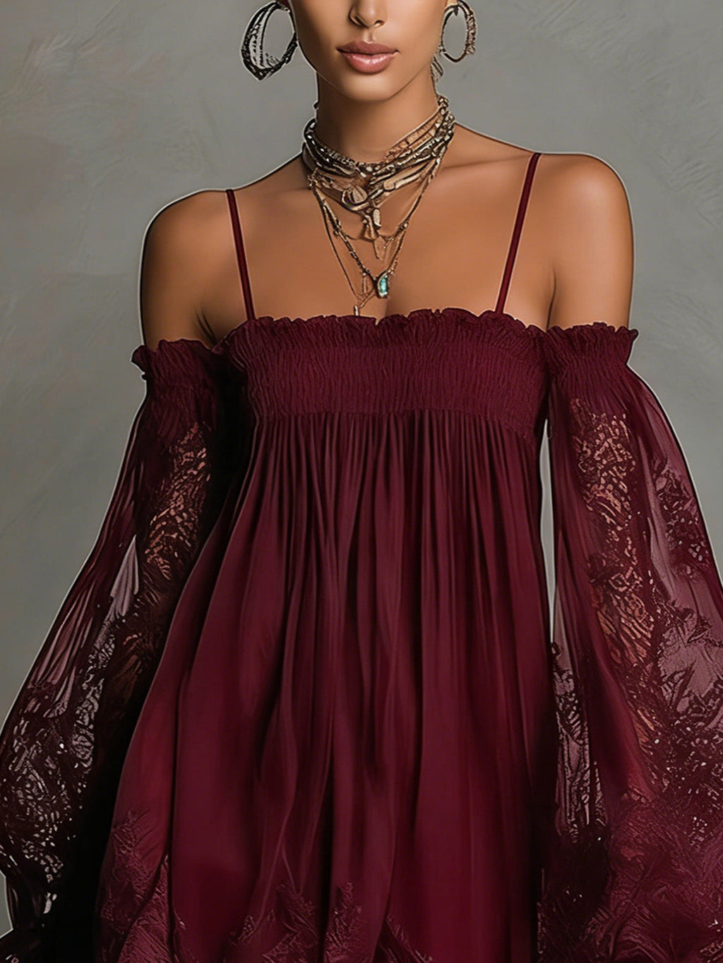 NOEMI™ | Navy Blue Off-Shoulder Chiffon Mini Dress with Lace Trim and Sheer Sleeves