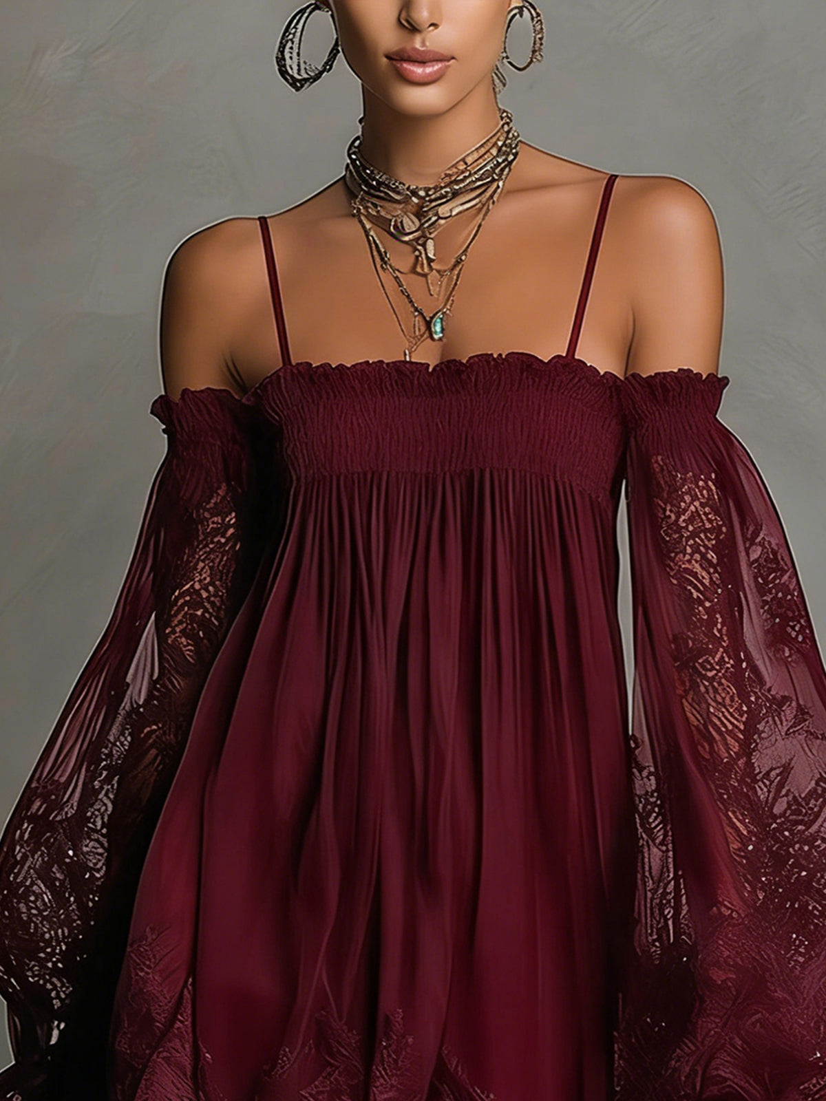 NOEMI™ | Navy Blue Off-Shoulder Chiffon Mini Dress with Lace Trim and Sheer Sleeves