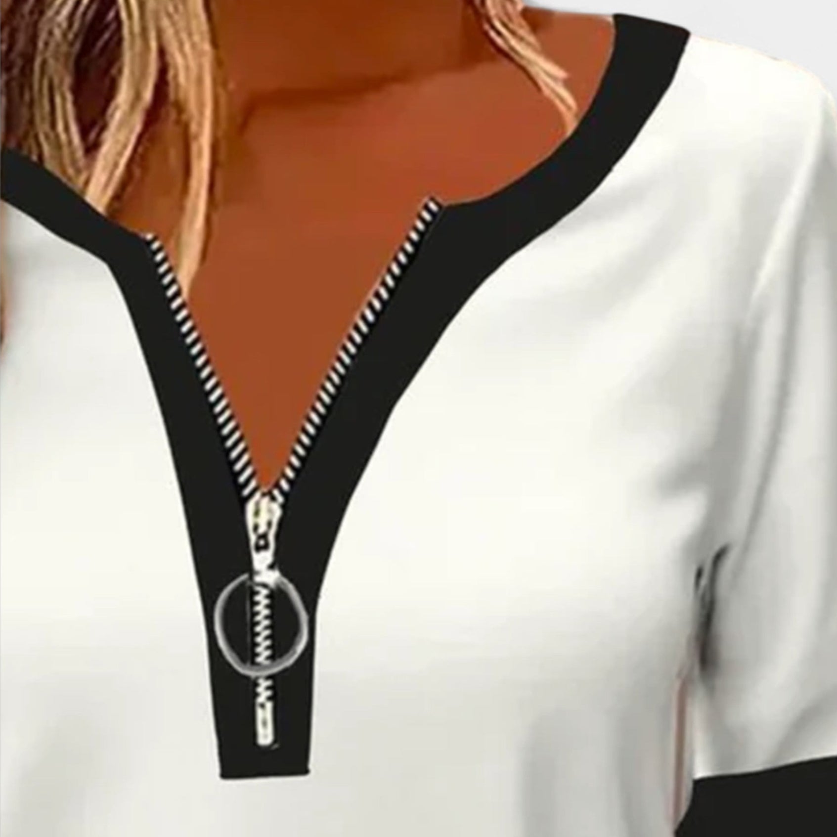 Long-sleeve striped blouse with V-neck zip detail in a relaxed everyday fit