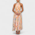 Flowing watercolour print maxi dress with open back in soft multi-tone colours