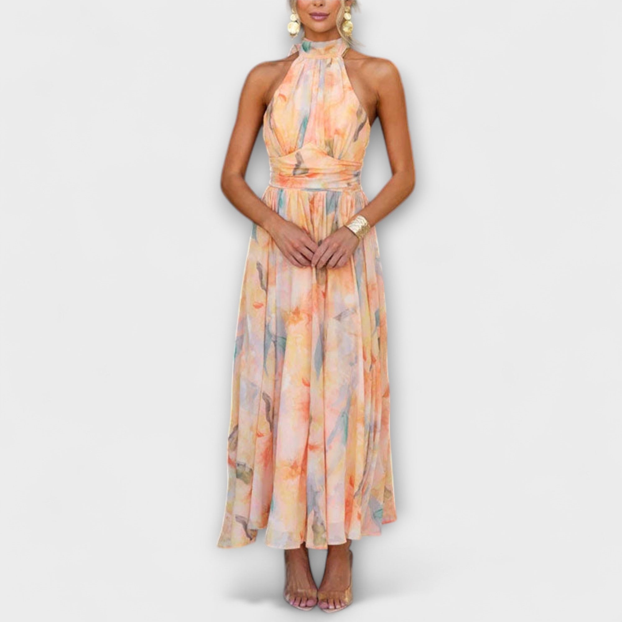 Flowing watercolour print maxi dress with open back in soft multi-tone colours