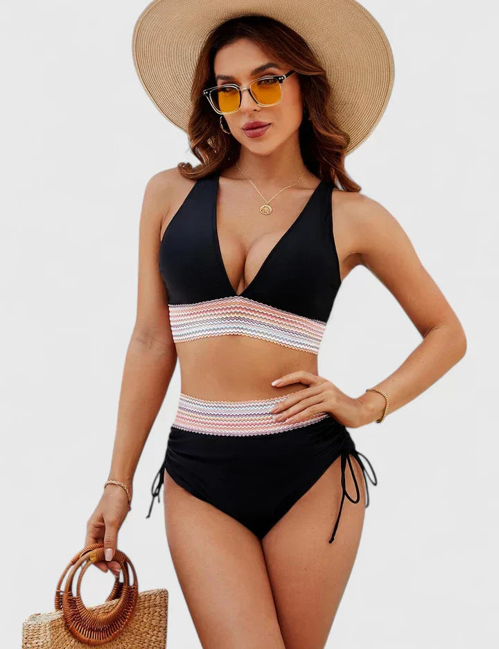 High-waist crossover-top bikini in sage green, light blue, black, dark blue, red and rose