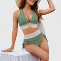 High-waist crossover-top bikini in sage green, light blue, black, dark blue, red and rose
