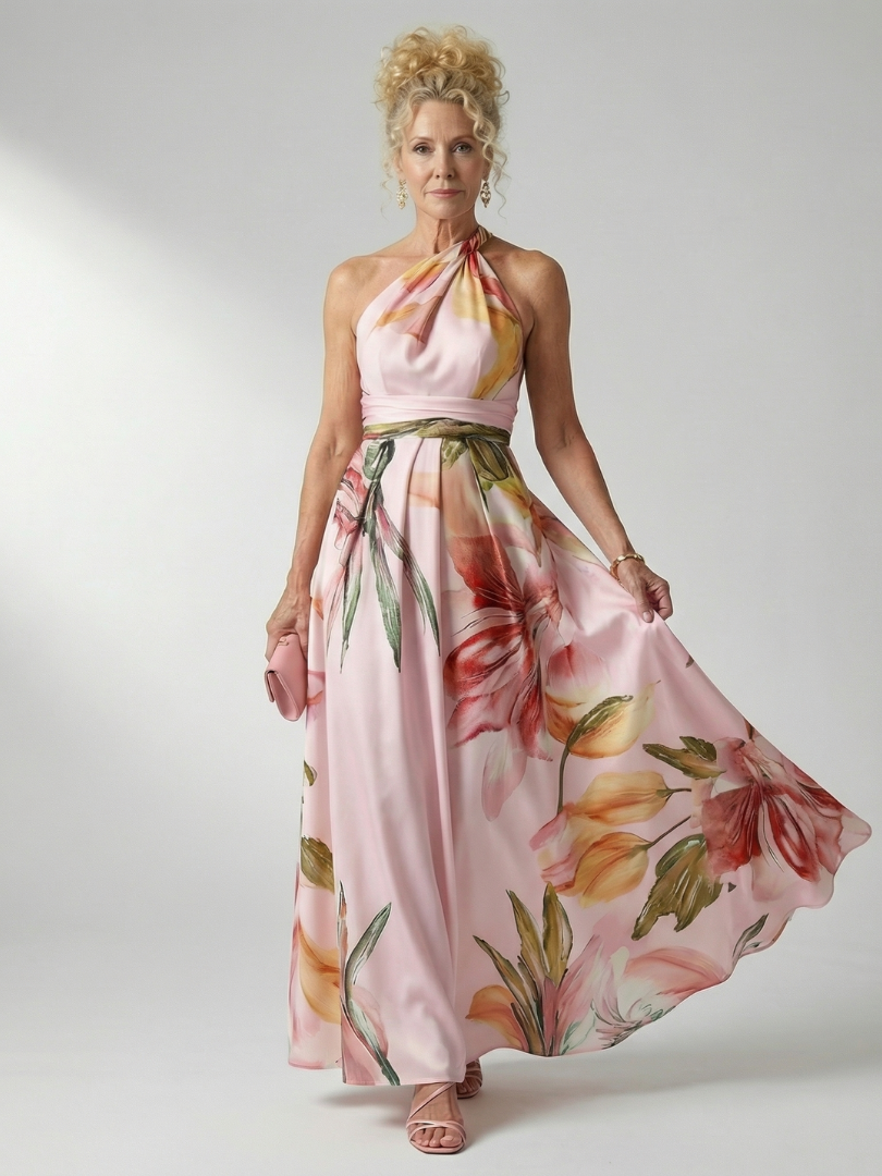 White floral halter-neck maxi dress with large bold print and flowing relaxed skirt