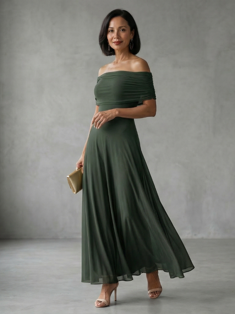 Brown midi dress with off-shoulder draped neckline and sheer outer layer over smooth lining