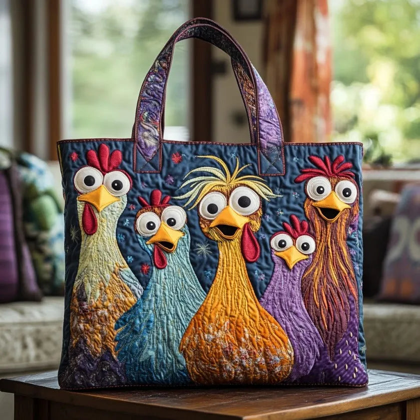 Quilted tote bag with five vivid colourful hens strutting in formation on a structured padded body