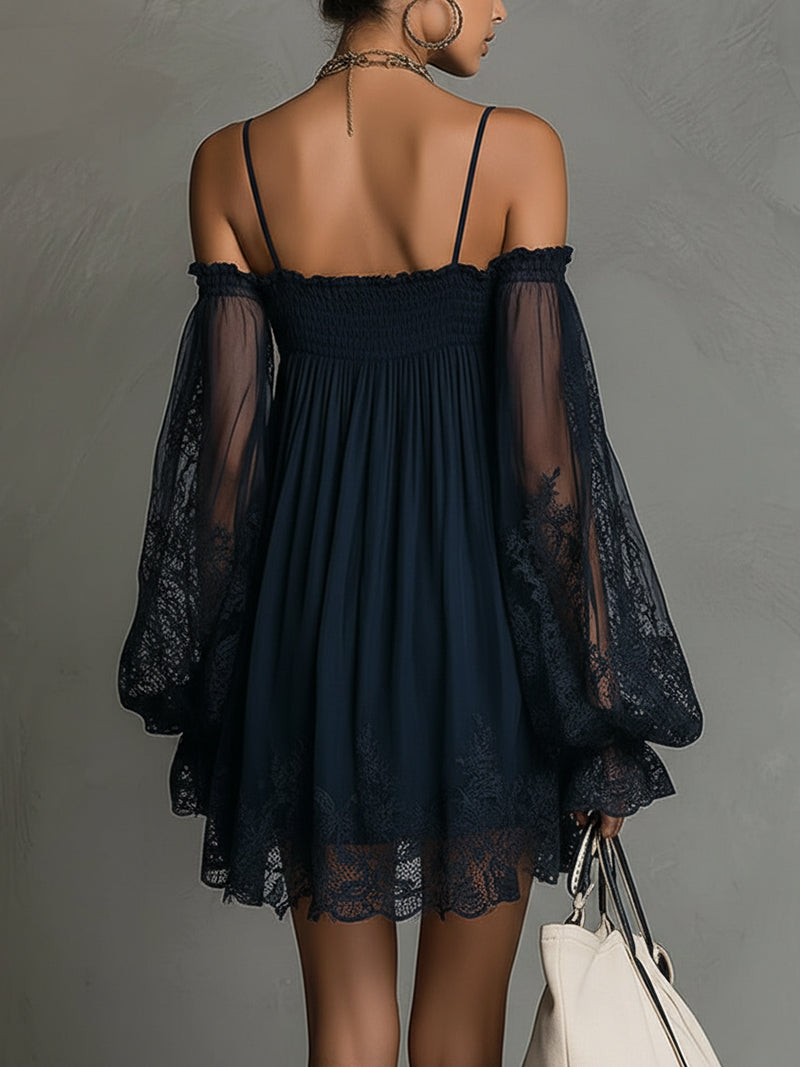 NOEMI™ | Navy Blue Off-Shoulder Chiffon Mini Dress with Lace Trim and Sheer Sleeves
