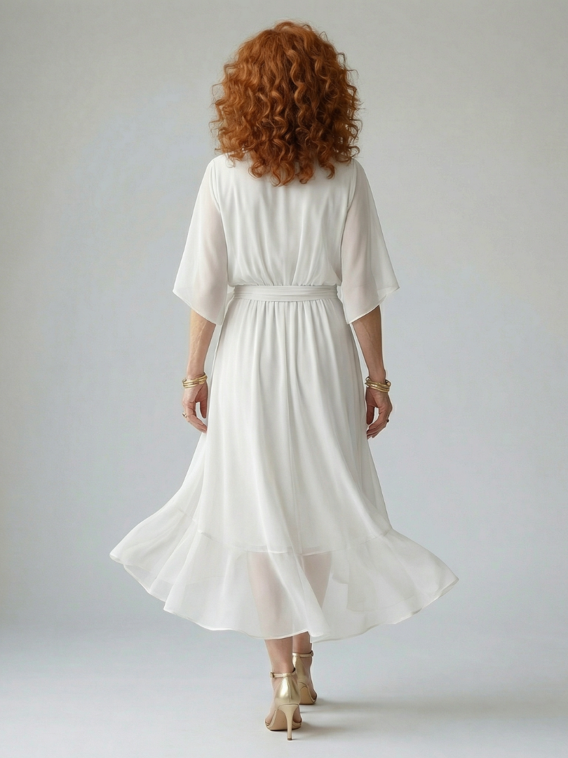 Green floaty midi dress with a draped V-neckline and soft bow waist detail