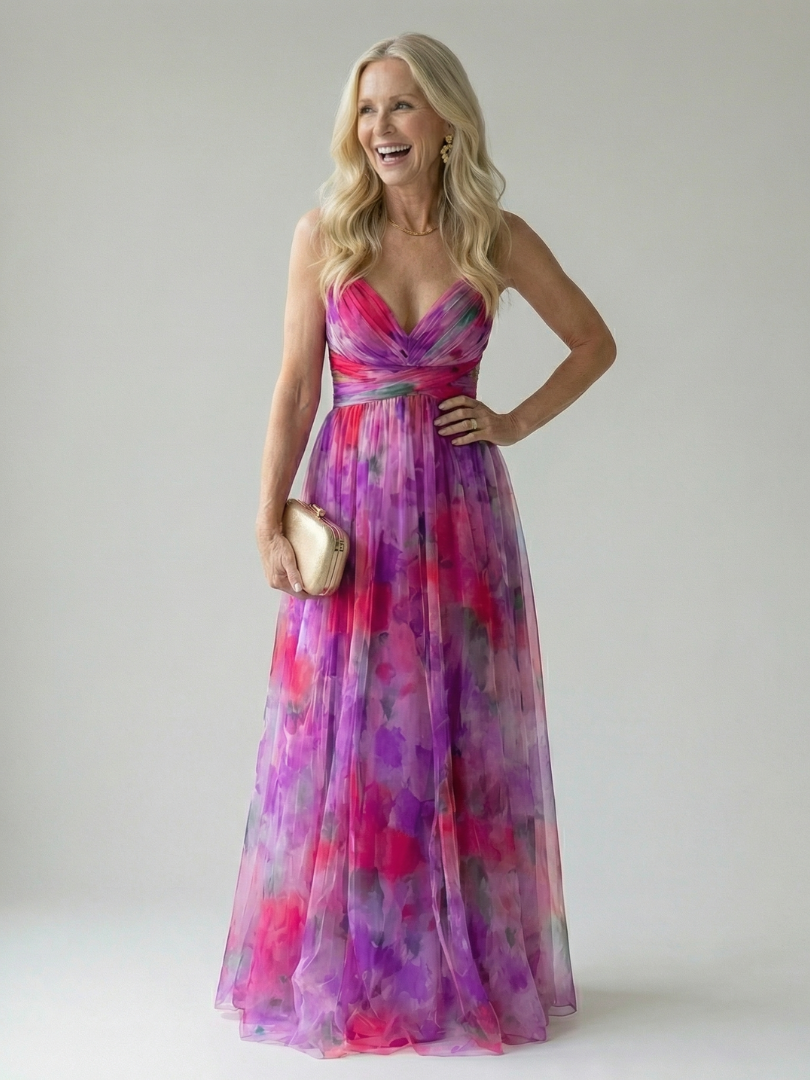 Multicolour sleeveless wrap maxi dress with thin straps, defined waist and flowing skirt