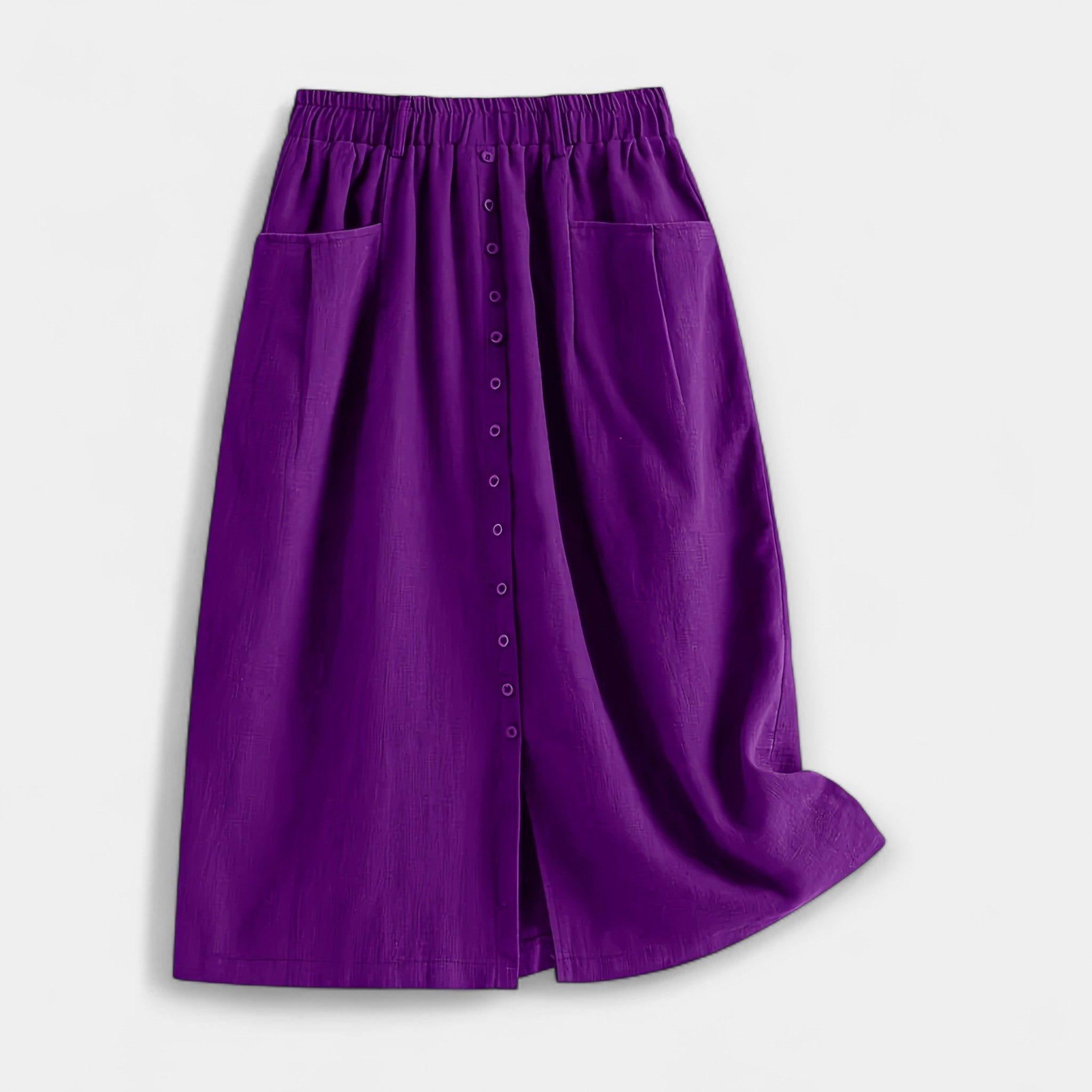 High-waist vintage-style midi skirt in dusty rose with functional front pockets