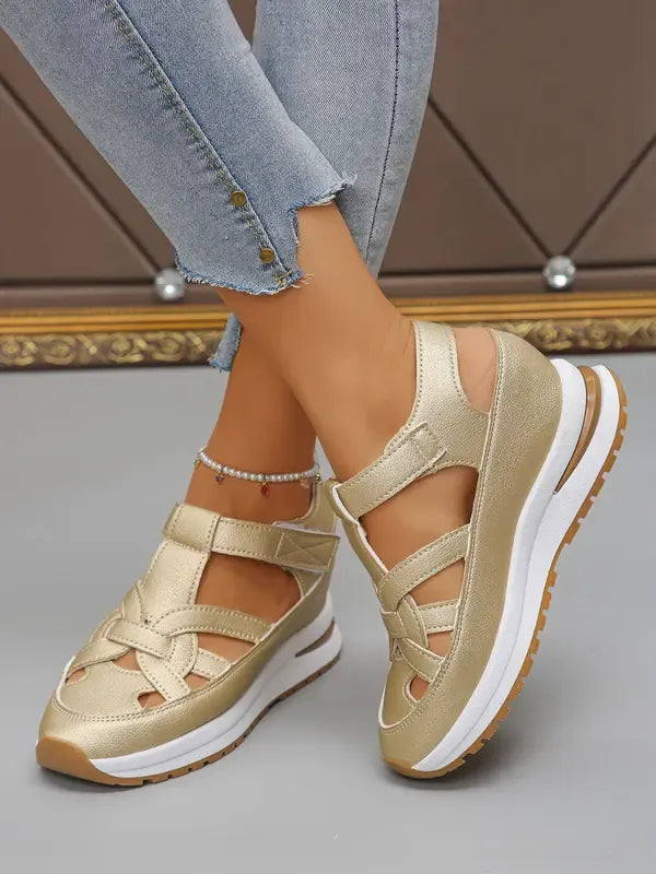 Women's strappy comfort sandals with a cushioned sole in a neutral tan colourway
