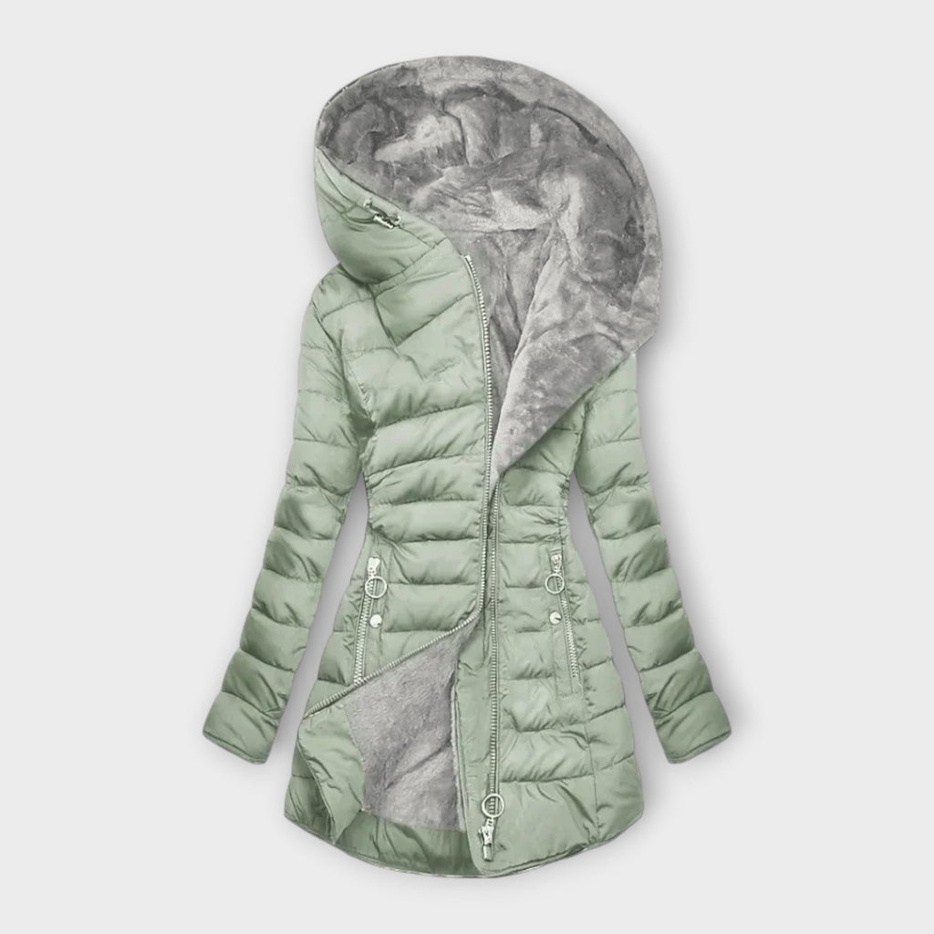 Down-filled long coat in light green, black and dark green with a classic, structured silhouette