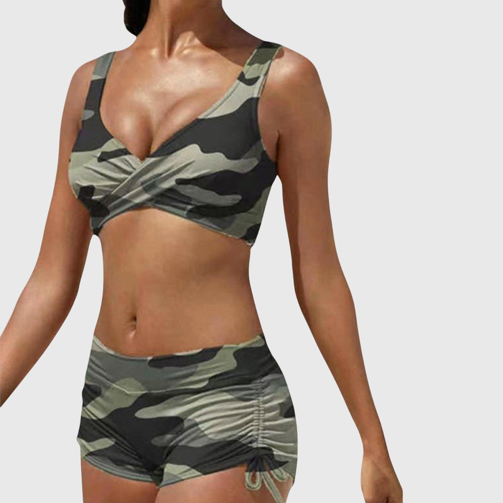 Camo print bikini in camo green, blue, black and red colourways